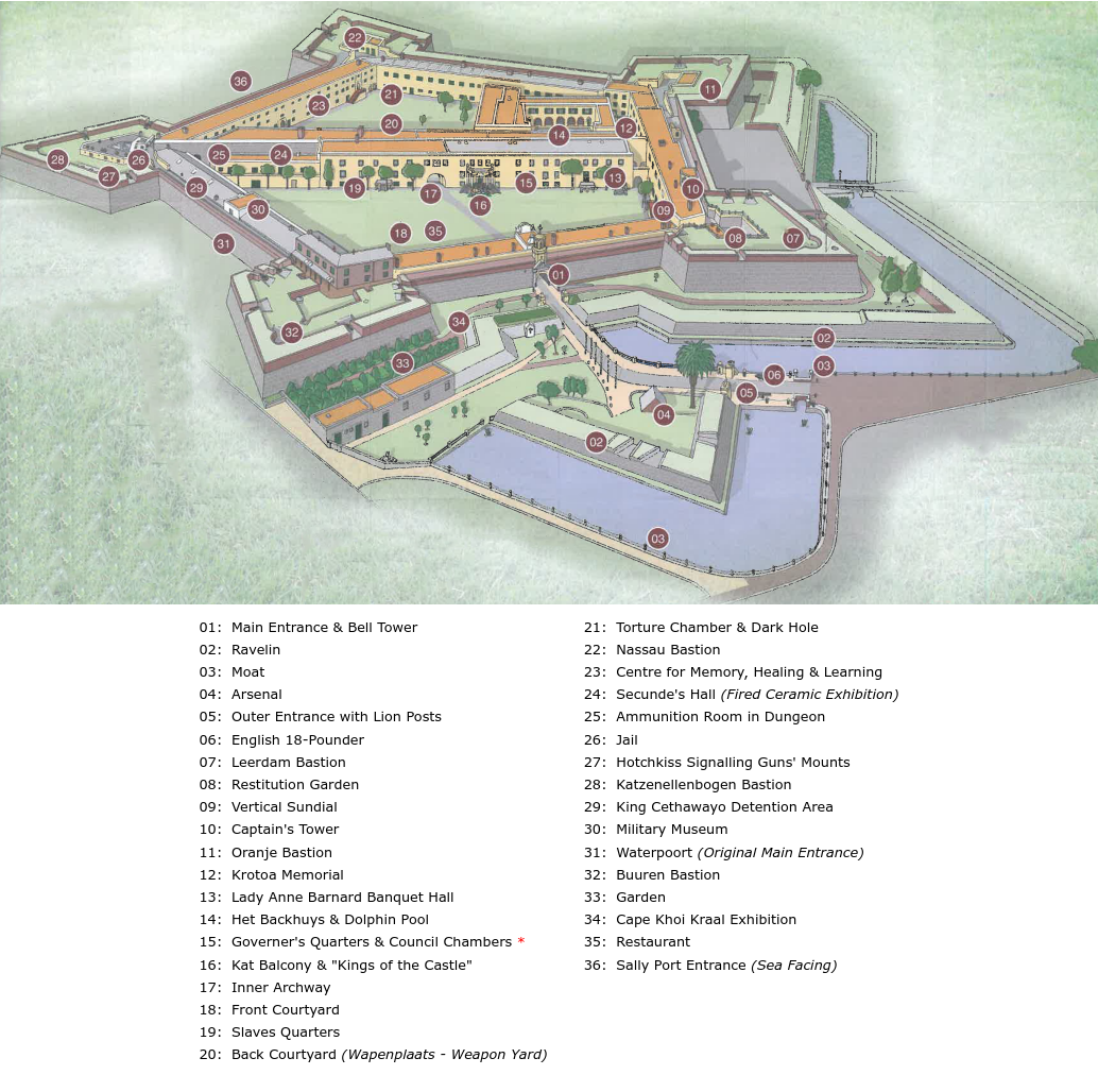 Layout plan of the Castle of Good Hope, showing pentagonal design with five bastions (Leerdam, Buuren, Catzenellenbogen, Nassau, Oranje), internal walls including De Kat, moat, and key features