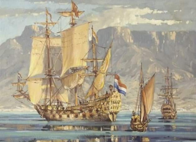 The three ships of Jan van Riebeeck’s expedition — the Dromedaris (foreground), Reiger, and yacht Goede Hoop