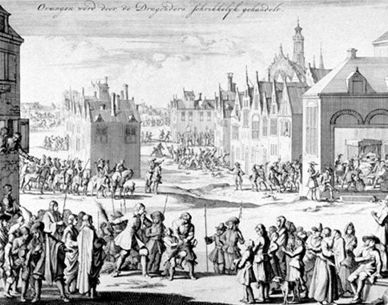 Historical illustration of dragoons forcing conversions on Huguenot families