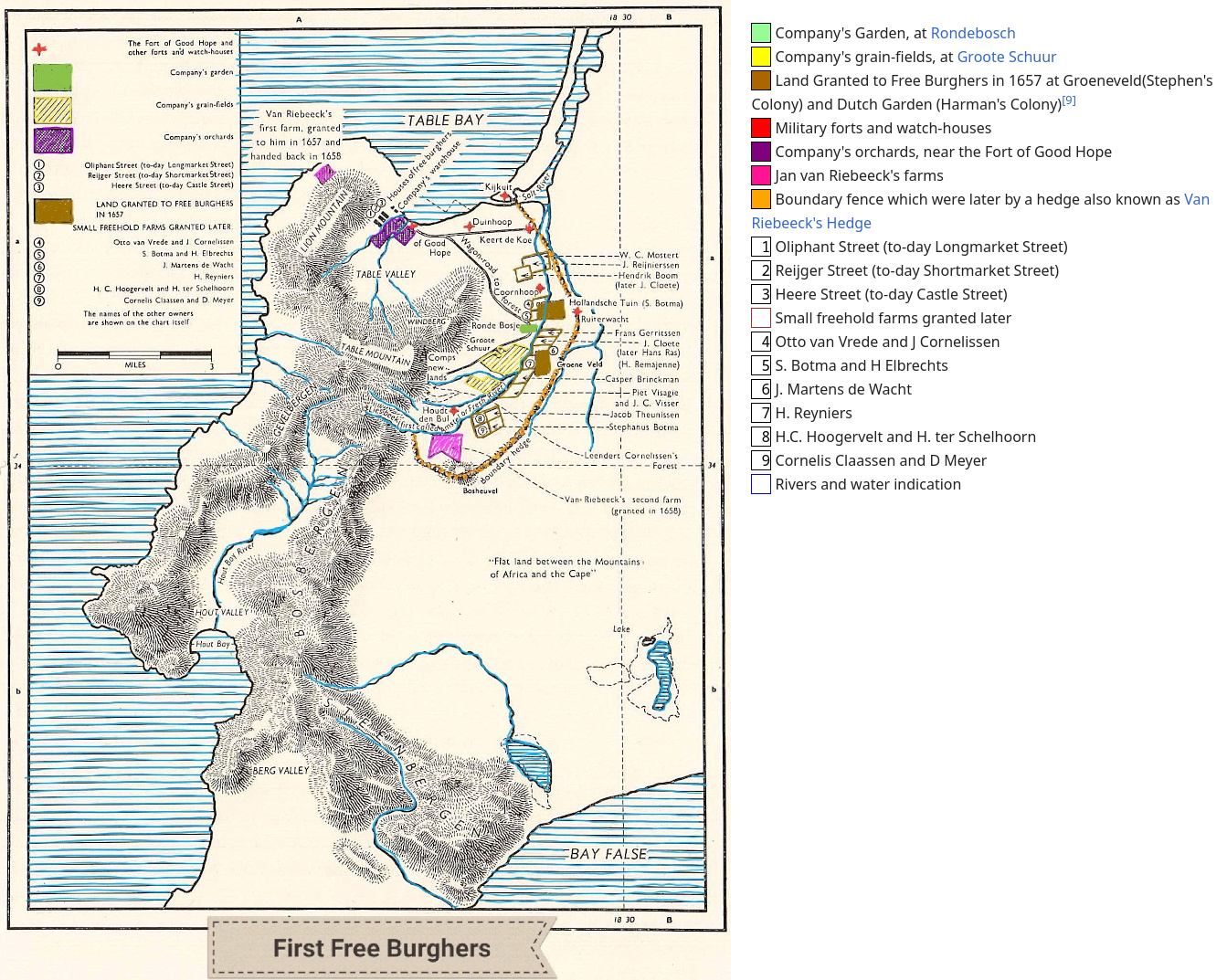 Historical map of the early Dutch Cape Colony settlement, showing colored areas for Company's Garden at Rondebosch, grain-fields at Groote Schuur, land granted to free burghers in 1657, military forts, orchards, Jan van Riebeeck's farms and hedge, with right-side legend and numbered freehold farms